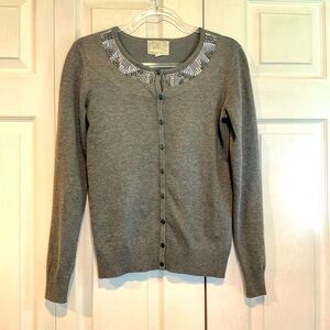 🐸🐸🐸 Debbie Morgan Gray Cardigan Sweater with Embellished Neckline - Size Small